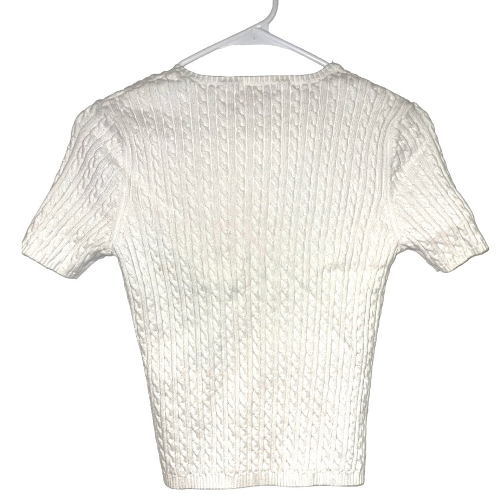 Alexandra Bartlett 100% Cotton White V-Neck Cable Knit Short Sleeve Sweater Top - Picture 3 of 4